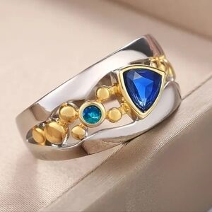 Unisex Silver Ring with Blue and Gold Accents Sz 10